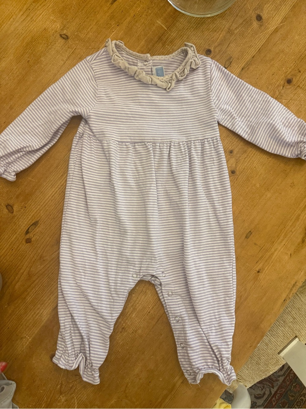 Striped Long-Sleeve Baby Romper with Ruffle Neck - Lavender & Cream